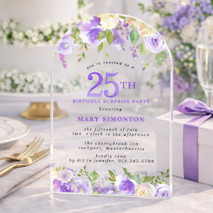 SURPRISE PARTY 25th Birthday Purple Floral Clear Acrylic Invitations