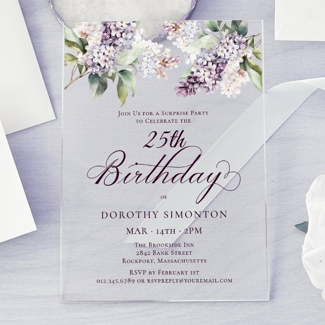 SURPRISE PARTY 25th Birthday Purple Lilac Floral Acrylic Invitations (Creator Uploaded)