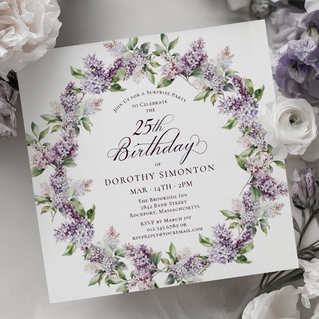 SURPRISE PARTY 25th Birthday Purple Lilac Floral Invitation (Creator Uploaded)
