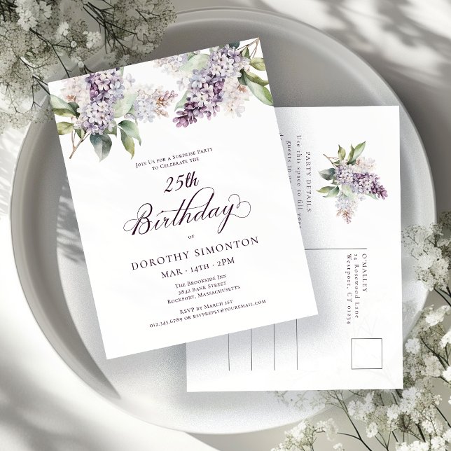 SURPRISE PARTY 25th Birthday Purple Lilac Floral Invitation Postcard (Creator Uploaded)