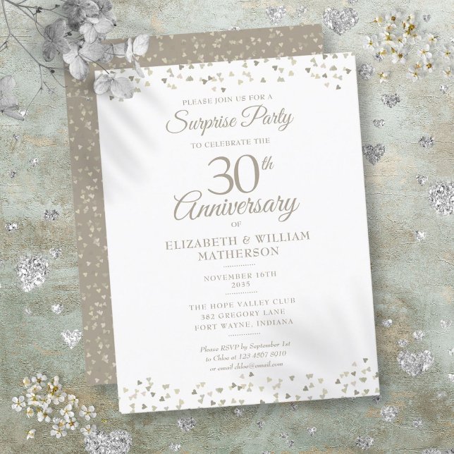 Surprise Party 30th Anniversary Hearts Confetti Announcement Postcard (Surprise Party 30th Anniversary Hearts Confetti Announcement Postcard)