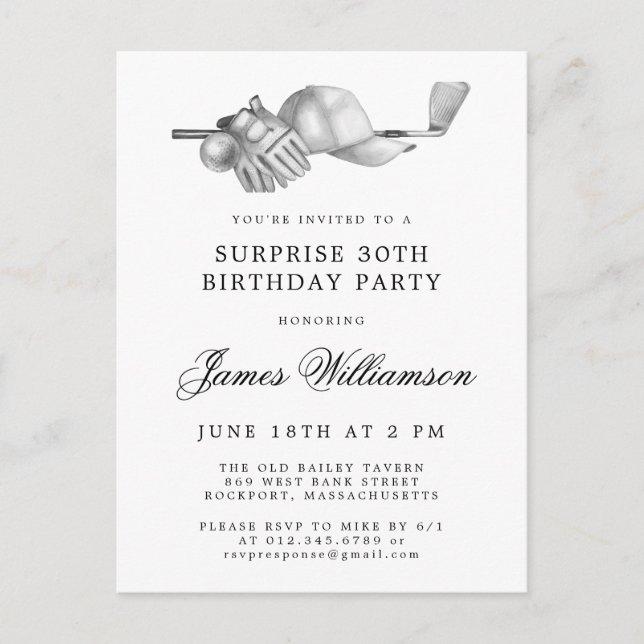 SURPRISE Party 30th Birthday Golf Theme Invitation Postcard (Front)