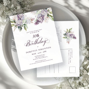 SURPRISE PARTY 30th Birthday Purple Lilac Floral Invitation Postcard