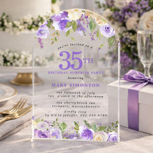 SURPRISE PARTY 35th Birthday Purple Floral Clear Acrylic Invitations