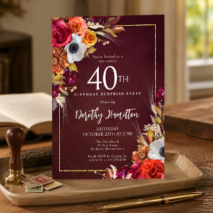 SURPRISE PARTY 40th Birthday Burgundy Fall Flowers Invitation