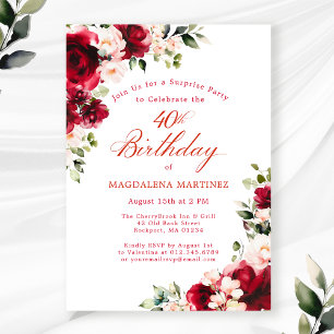 SURPRISE PARTY 40th Birthday Red Pink Floral Invitation