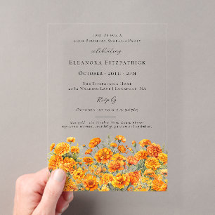 SURPRISE PARTY 40th Marigold October Birth Flower Acrylic Invitations