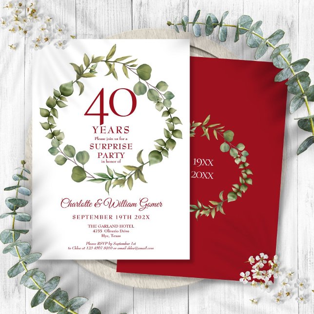 Surprise Party 40th Ruby Anniversary Greenery  Invitation (Surprise Party 40th Ruby Anniversary Greenery Invitation)