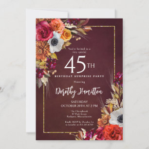 SURPRISE PARTY 45th Birthday Burgundy Fall Flowers Invitation