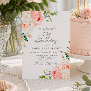 SURPRISE PARTY 45th Birthday Feminine Pink Floral Invitation