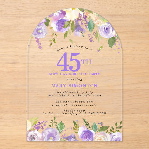 SURPRISE PARTY 45th Birthday Purple Floral Clear Acrylic Invitations