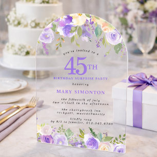 SURPRISE PARTY 45th Birthday Purple Floral Clear Acrylic Invitations