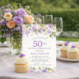 SURPRISE PARTY 50th Birthday Pretty Purple Floral Invitation