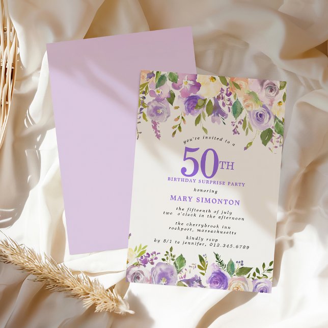 SURPRISE PARTY 50th Birthday Pretty Purple Floral Invitation (Creator Uploaded)