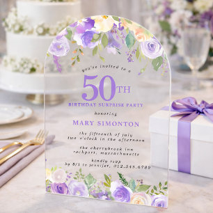SURPRISE PARTY 50th Birthday Purple Floral Clear Acrylic Invitations