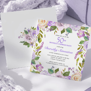 SURPRISE PARTY 50th Birthday Purple Floral Square Invitation