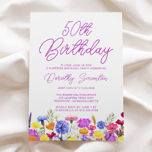 SURPRISE PARTY 50TH Birthday Purple Wildflower Invitation