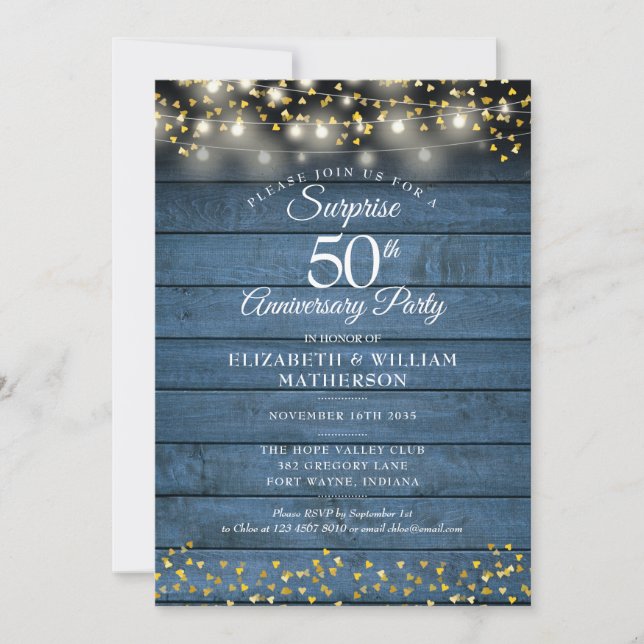 Surprise Party 50th Golden Anniversary Blue Rustic Invitation (Front)
