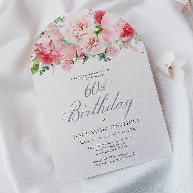 SURPRISE PARTY 60th Birthday Elegant Pink Peony Invitation (Creator Uploaded)