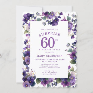 SURPRISE PARTY 60th Birthday Purple Violet Floral Invitation