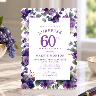 SURPRISE PARTY 60th Birthday Purple Violet Floral Invitation