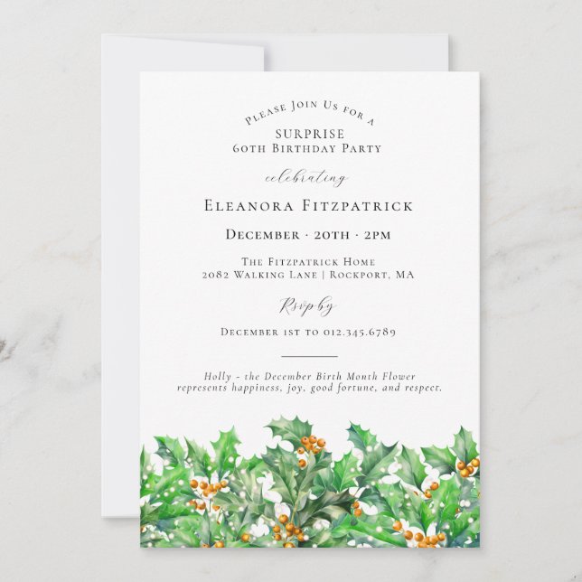 SURPRISE PARTY 60th Holly December Birth Flower Invitation (Front)