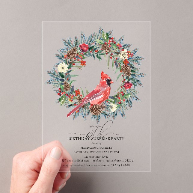 SURPRISE PARTY 65th Birthday Cardinal Wreath Acrylic Invitations (Insitu (Handheld))