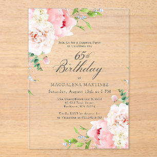 SURPRISE PARTY 65th Birthday Pink Peony Floral Acr Acrylic Invitations