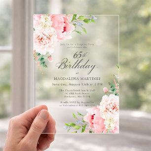 SURPRISE PARTY 65th Birthday Pink Peony Floral Acr Acrylic Invitations