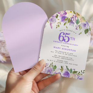 SURPRISE PARTY 65th Birthday Purple Floral Arch Invitation