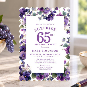SURPRISE PARTY 65th Birthday Purple Violet Floral Invitation