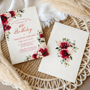 SURPRISE PARTY 65th Birthday Red Pink Floral Invitation