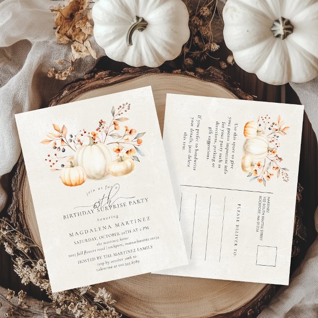 SURPRISE PARTY 65th White Pumpkin Fall Leaves Invitation Postcard (Creator Uploaded)