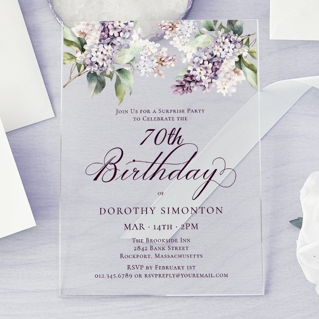 SURPRISE PARTY 70th Birthday Purple Lilac Floral Acrylic Invitations (Creator Uploaded)