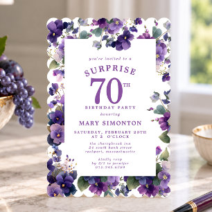 SURPRISE PARTY 70th Birthday Purple Violet Floral Invitation