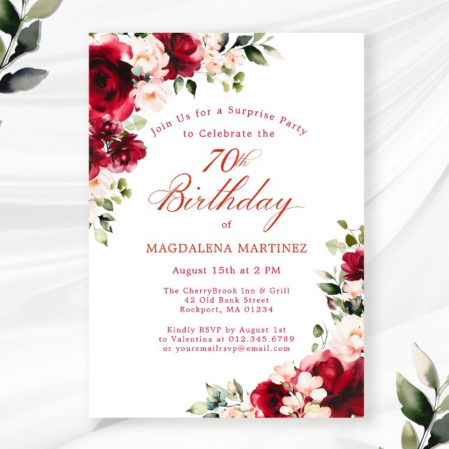 SURPRISE PARTY 70th Birthday Red Pink Floral Invitation (Creator Uploaded)