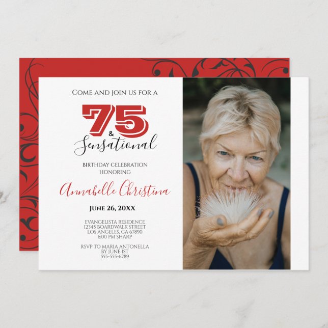 SURPRISE PARTY 75th Birthday 75 & SENSATIONAL Invitation (Front/Back)