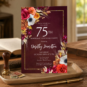 SURPRISE PARTY 75th Birthday Burgundy Fall Flowers Invitation
