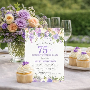 SURPRISE PARTY 75th Birthday Pretty Purple Floral Invitation