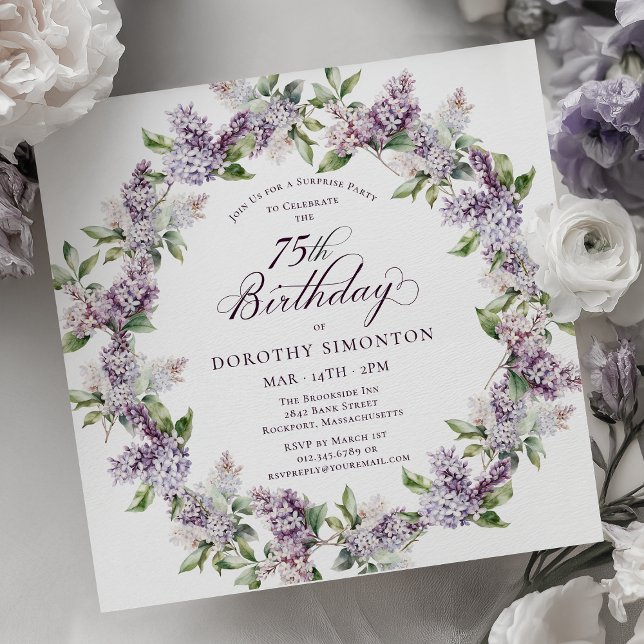 SURPRISE PARTY 75th Birthday Purple Lilac Floral Invitation (Creator Uploaded)