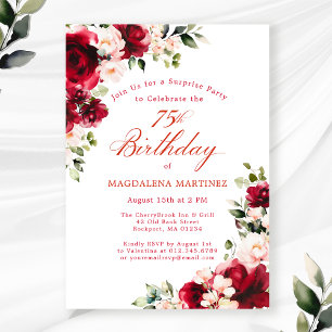 SURPRISE PARTY 75th Birthday Red Pink Floral Invitation