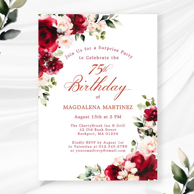 SURPRISE PARTY 75th Birthday Red Pink Floral Invitation (Creator Uploaded)