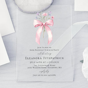 SURPRISE PARTY 80th Birthday Pink Bow Wildflower Acrylic Invitations