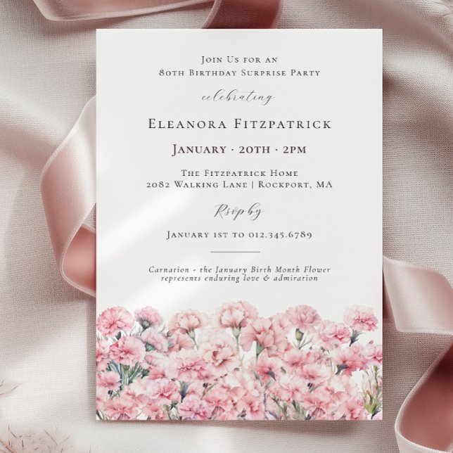 SURPRISE PARTY 80th Birthday Pink Carnation Floral Invitation (Creator Uploaded)
