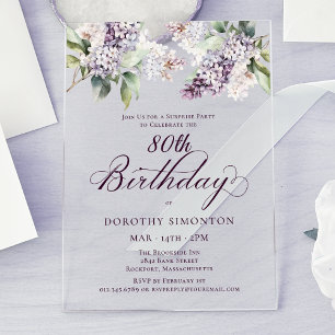 SURPRISE PARTY 80th Birthday Purple Lilac Floral Acrylic Invitations