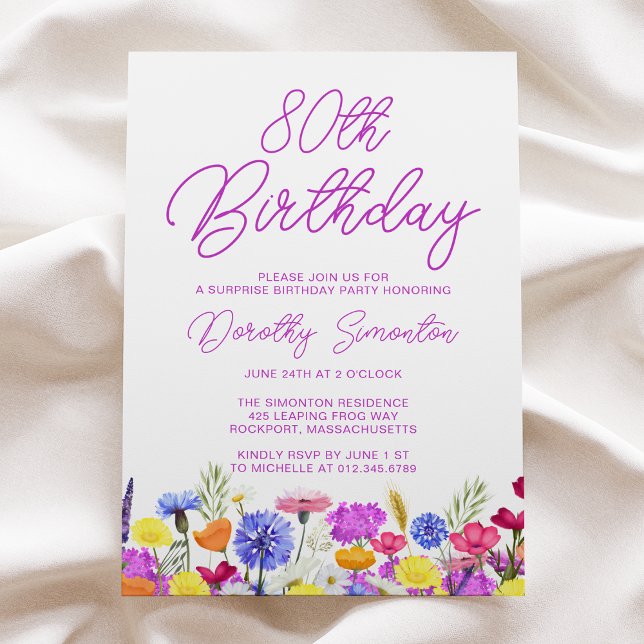 SURPRISE PARTY 80TH Birthday Purple Wildflower Invitation (Creator Uploaded)