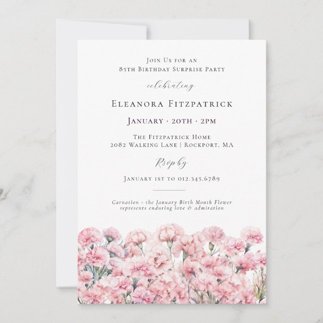SURPRISE PARTY 85th Birthday Pink Carnation Floral Invitation (Front)