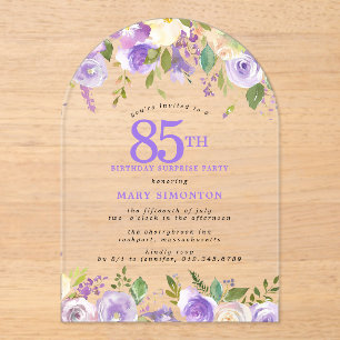 SURPRISE PARTY 85th Birthday Purple Floral Clear Acrylic Invitations