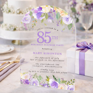 SURPRISE PARTY 85th Birthday Purple Floral Clear Acrylic Invitations