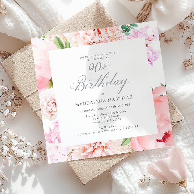 SURPRISE PARTY 90th Birthday Pink Floral Square Invitation (Creator Uploaded)